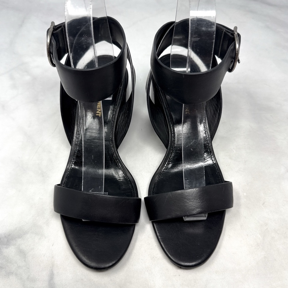 Saint Laurent Charlie 55 Leather Ankle Wrap Strap Buckle Low Block Heel Sandals - Picture 3 of 16